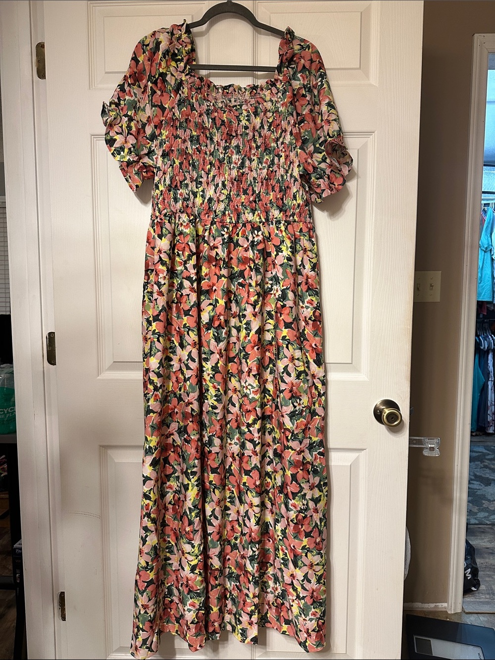 Floral Smocked Maxi Dress in Coral & Green